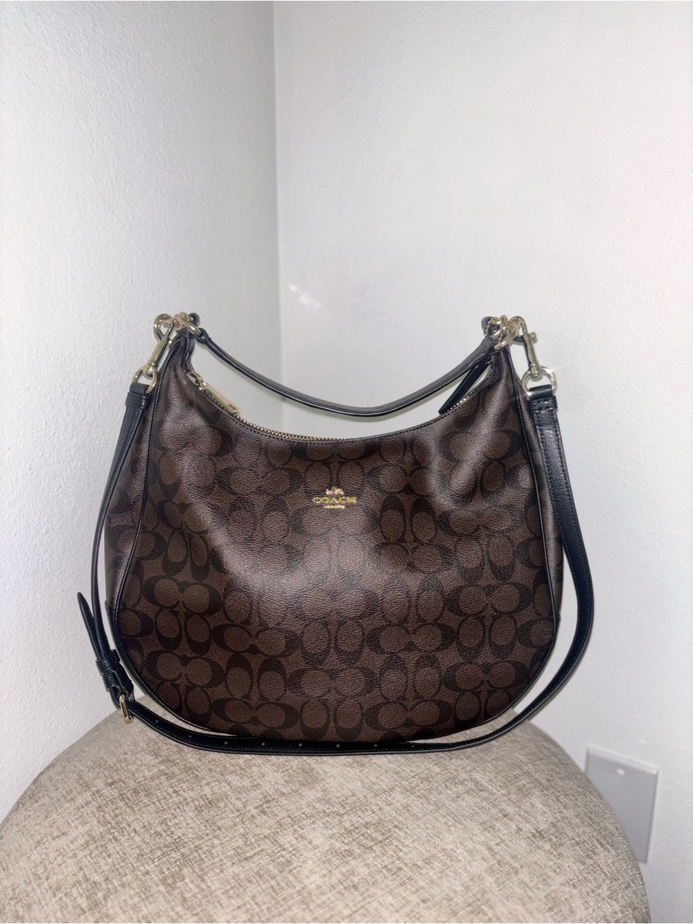 Coach Brown Signature Crescent Shoulder Bag with Black Trim